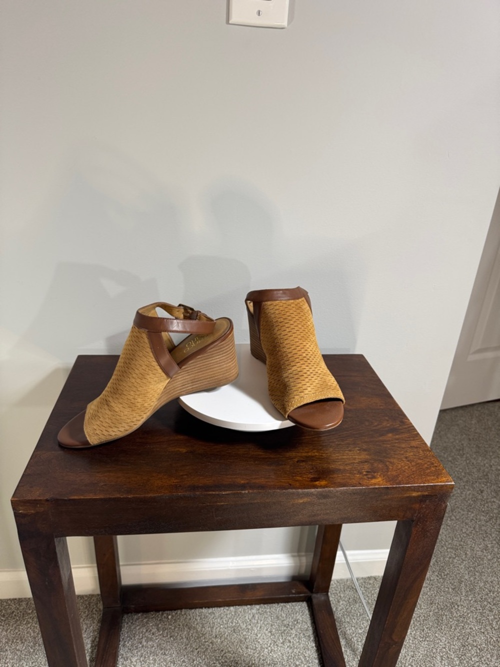 Franco Sarto Tan Woven Peep-Toe Wedge Mules - Picture 4 of 11